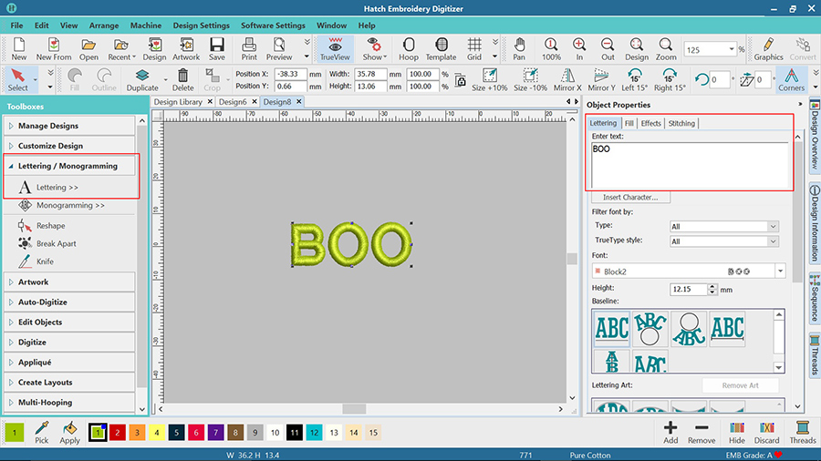 editing lettering in Hatch Embroidery software