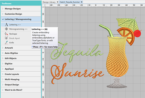 Hatch Embroidery using the F1 key