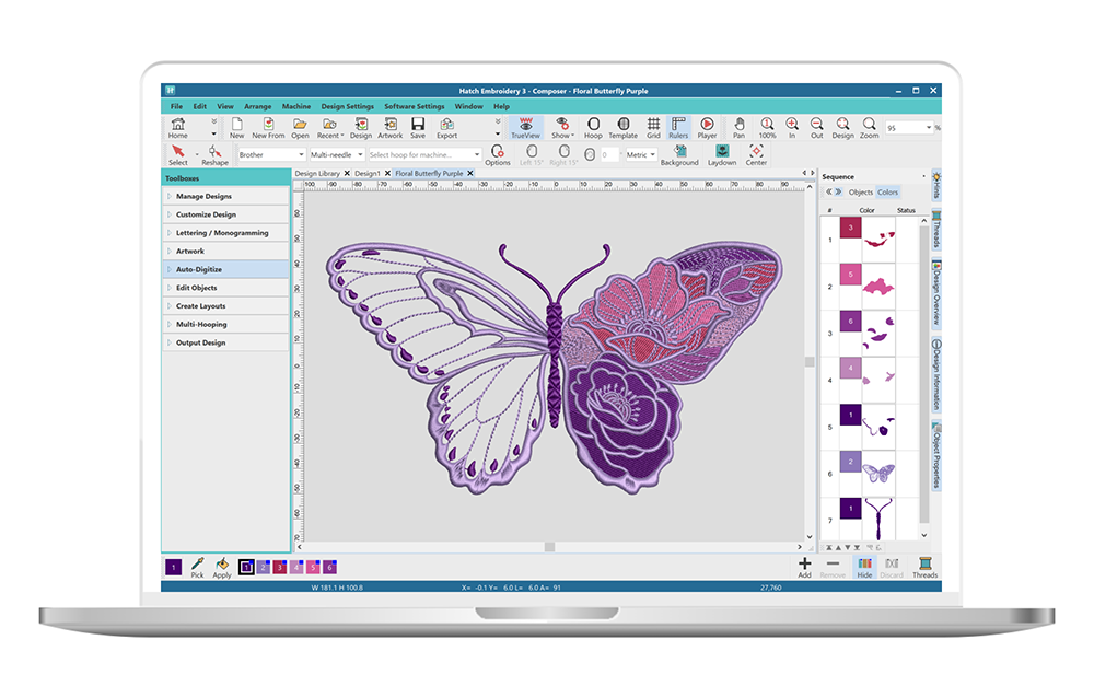 An embroidered butterfly shown in the Hatch Embroidery Composer software interface.