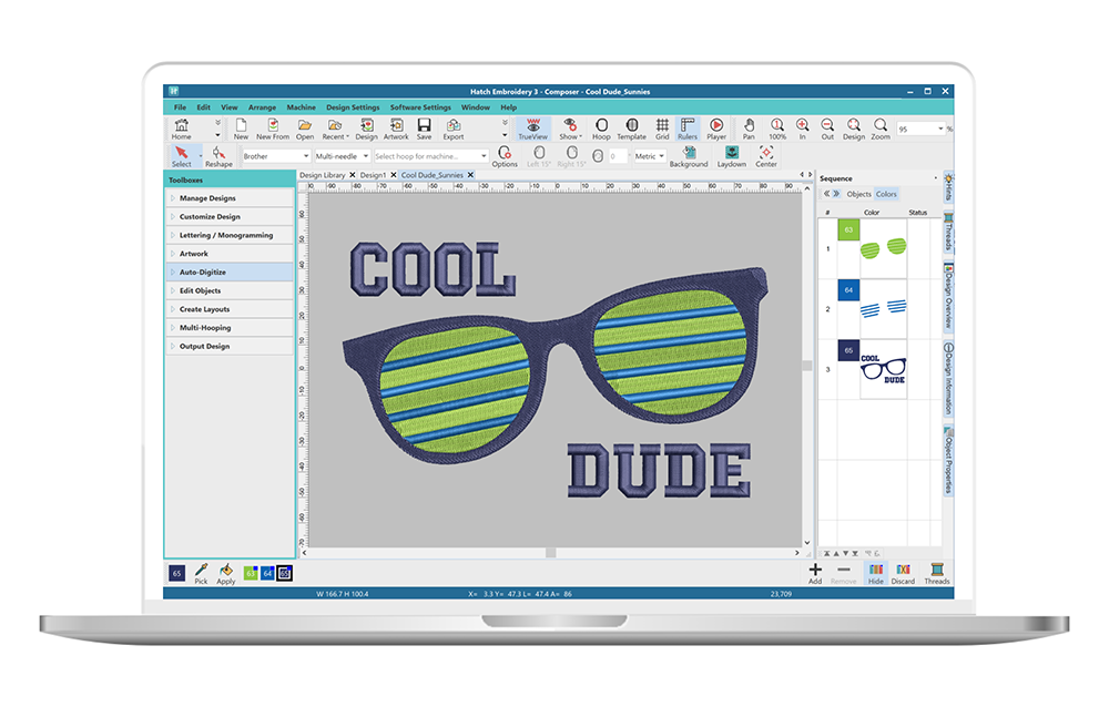 Embroidered "Cool Dude" text and sunglasses  shown in the Hatch Embroidery Composer software interface.
