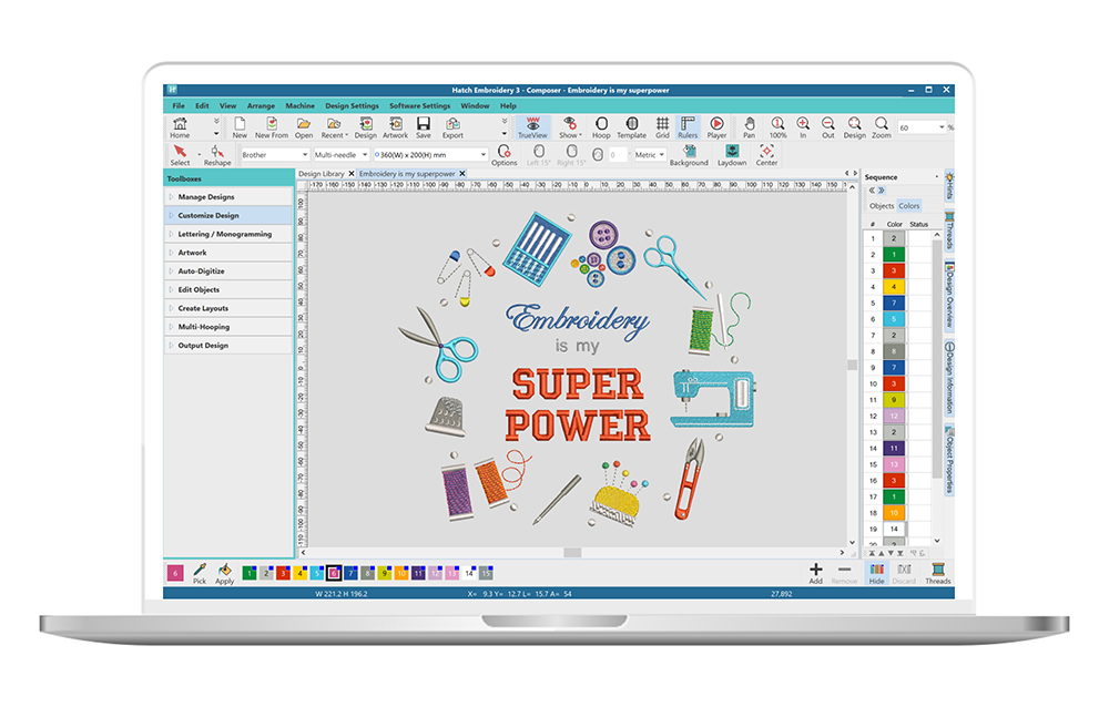 Embroidered lettering and craft-related items  shown in the Hatch Embroidery Composer software interface.