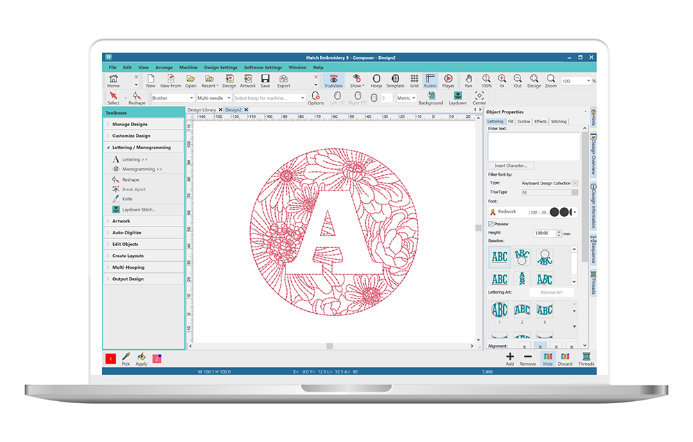 Intricately embroidered monogrammed "A"  shown in the Hatch Embroidery Composer software interface.