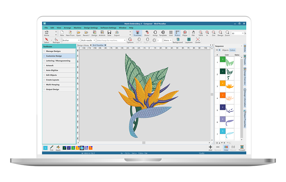 Embroidered Birds of Paradise flower  shown in the Hatch Embroidery Composer software interface.