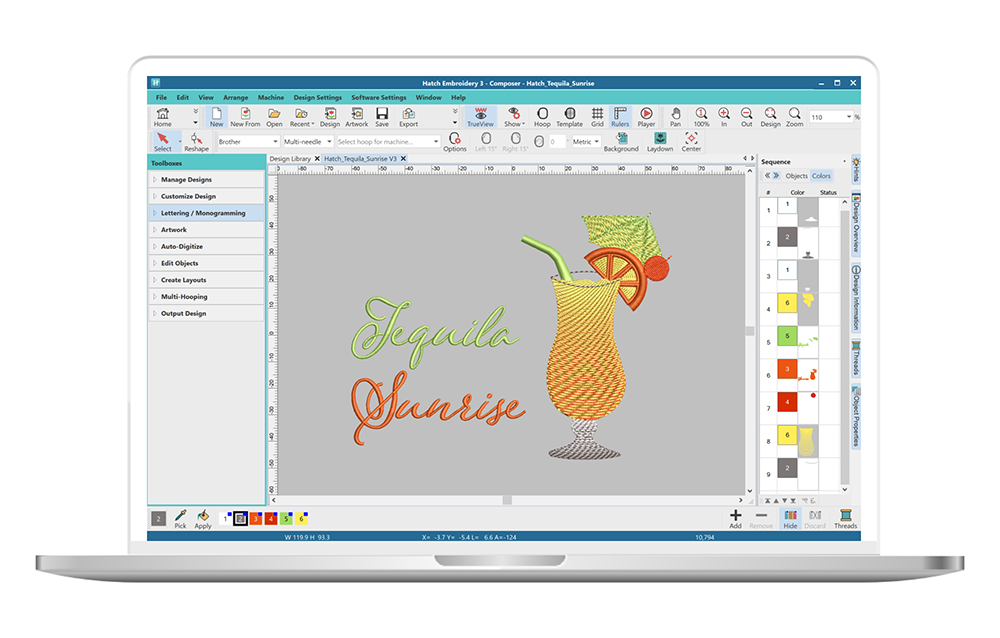 Embroidered 'Tequila Sunrise' lettering and a color-blended cocktail glass shown in the Hatch Embroidery Composer software interface.